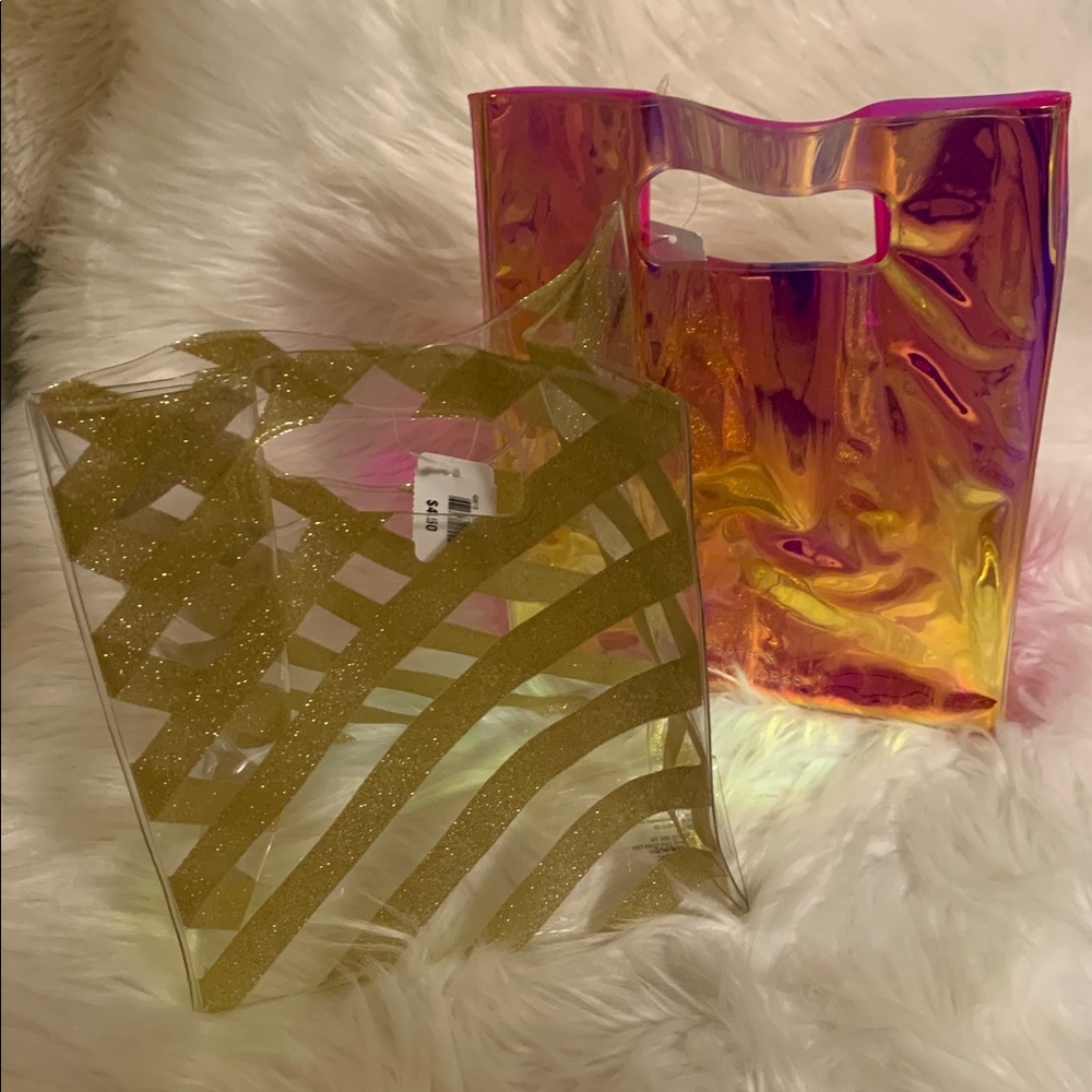 Bath & Body Works 2 Gift Bag Set Gold Glitter & Iridescent
